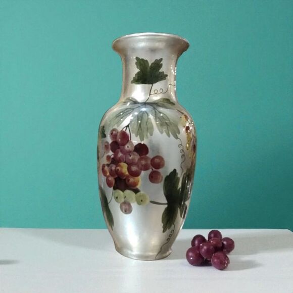 Andrea by Sadek1970s Handpainted Ceramic Silver Vase Grapes and Leaves (b)